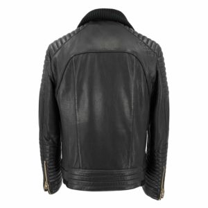 Balmain biker jacket in black leather, padded with zip embellishments & knit  collar - DOWNTOWN UPTOWN Genève