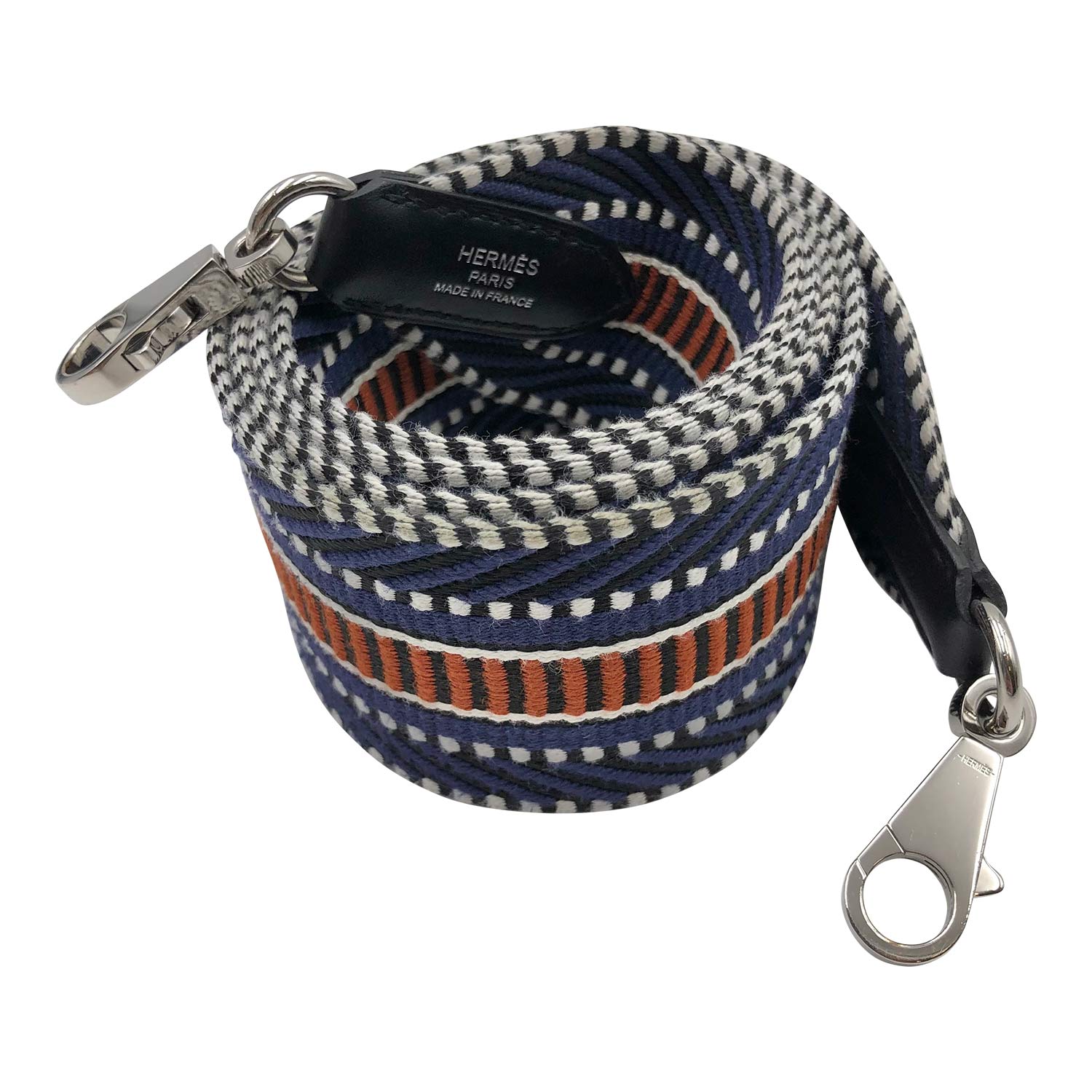 Hermès Cavale 25mm bag strap in blue and white chevron canvas PHW -  DOWNTOWN UPTOWN Genève