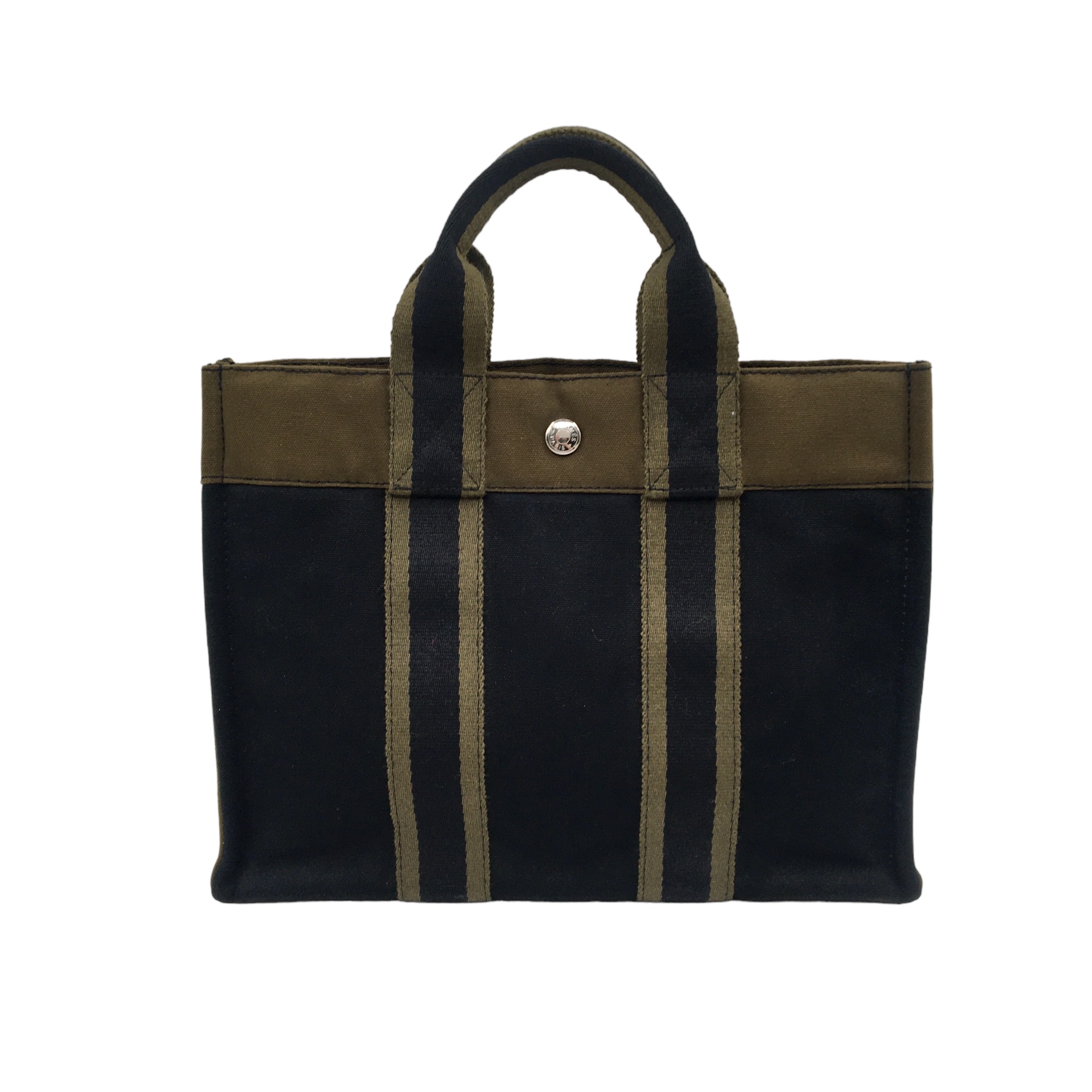 Hermès Herline PM canvas tote bag in black and khaki canvas - DOWNTOWN  UPTOWN Genève